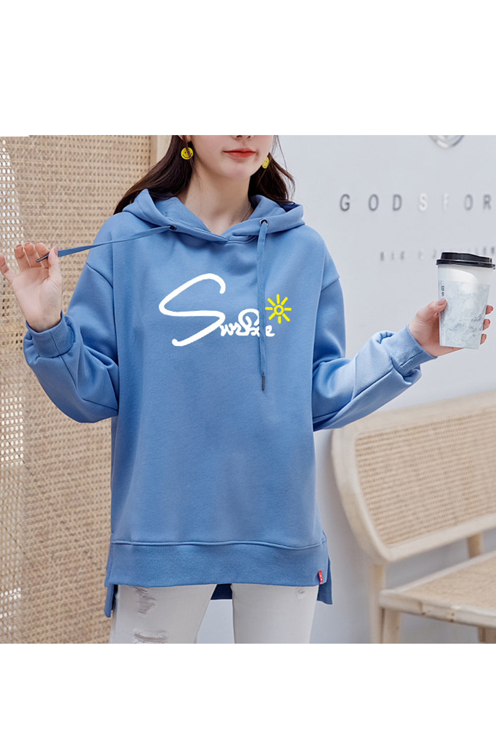 Women Letter Print Long Sleeve Drawstring Thick Hoodie