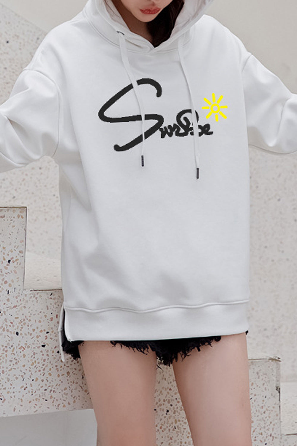 Women Letter Print Long Sleeve Drawstring Thick Hoodie