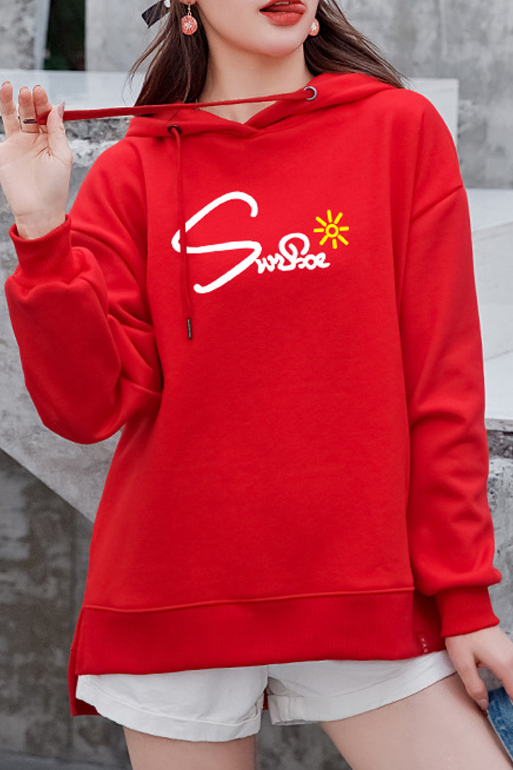 Women Letter Print Long Sleeve Drawstring Thick Hoodie