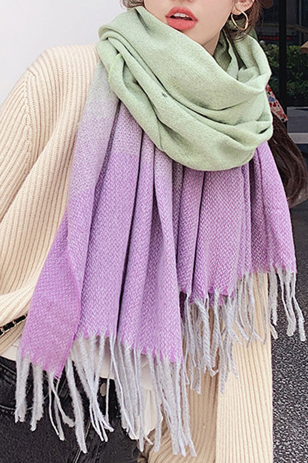 Women Beautiful Tassel Decorated Solid Pattern Warm Muffler