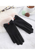 Women Lovely Bow Attached Solid Colored Cozy Winter Suede Gloves