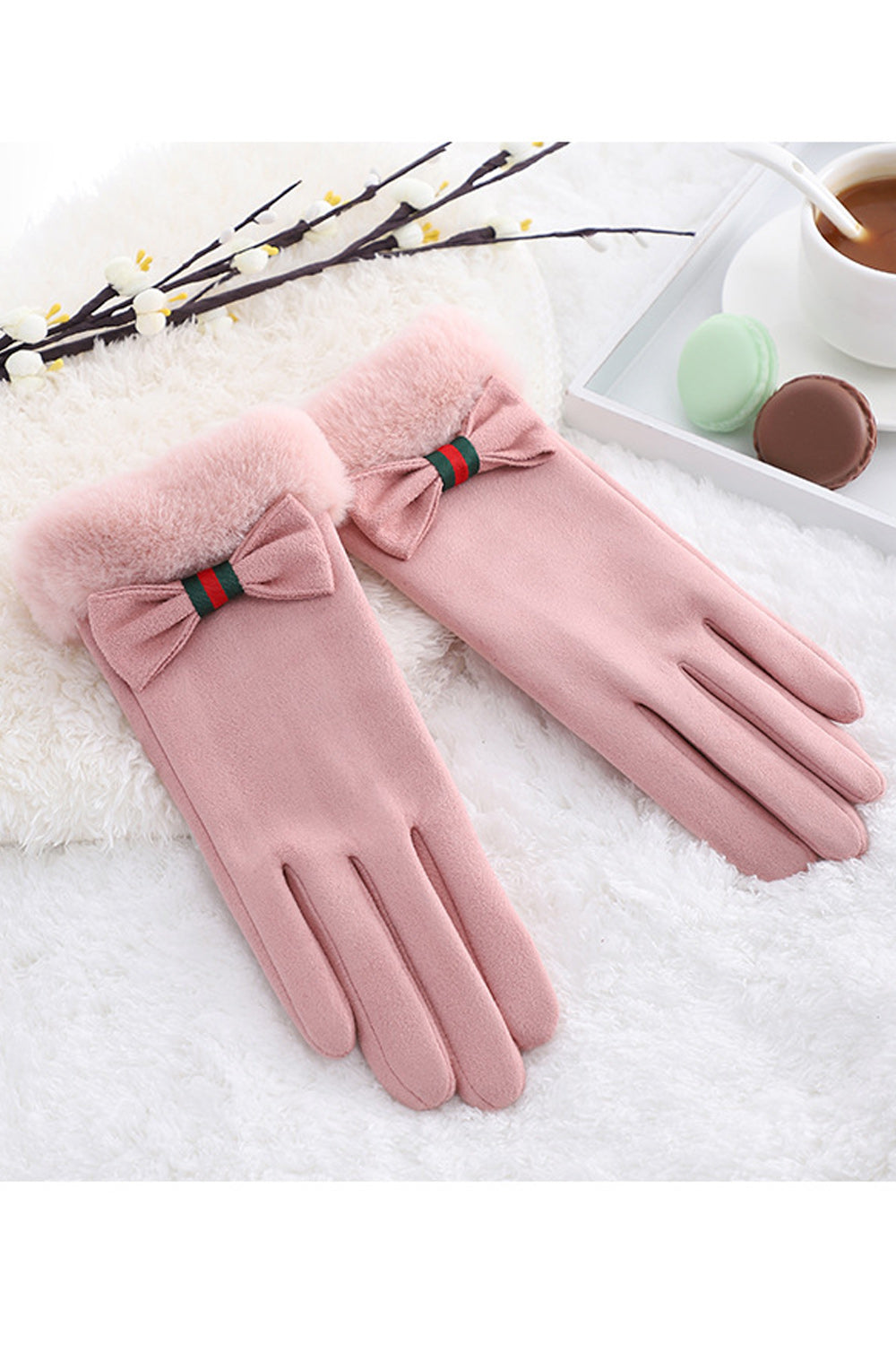 Women Lovely Bow Attached Solid Colored Cozy Winter Suede Gloves
