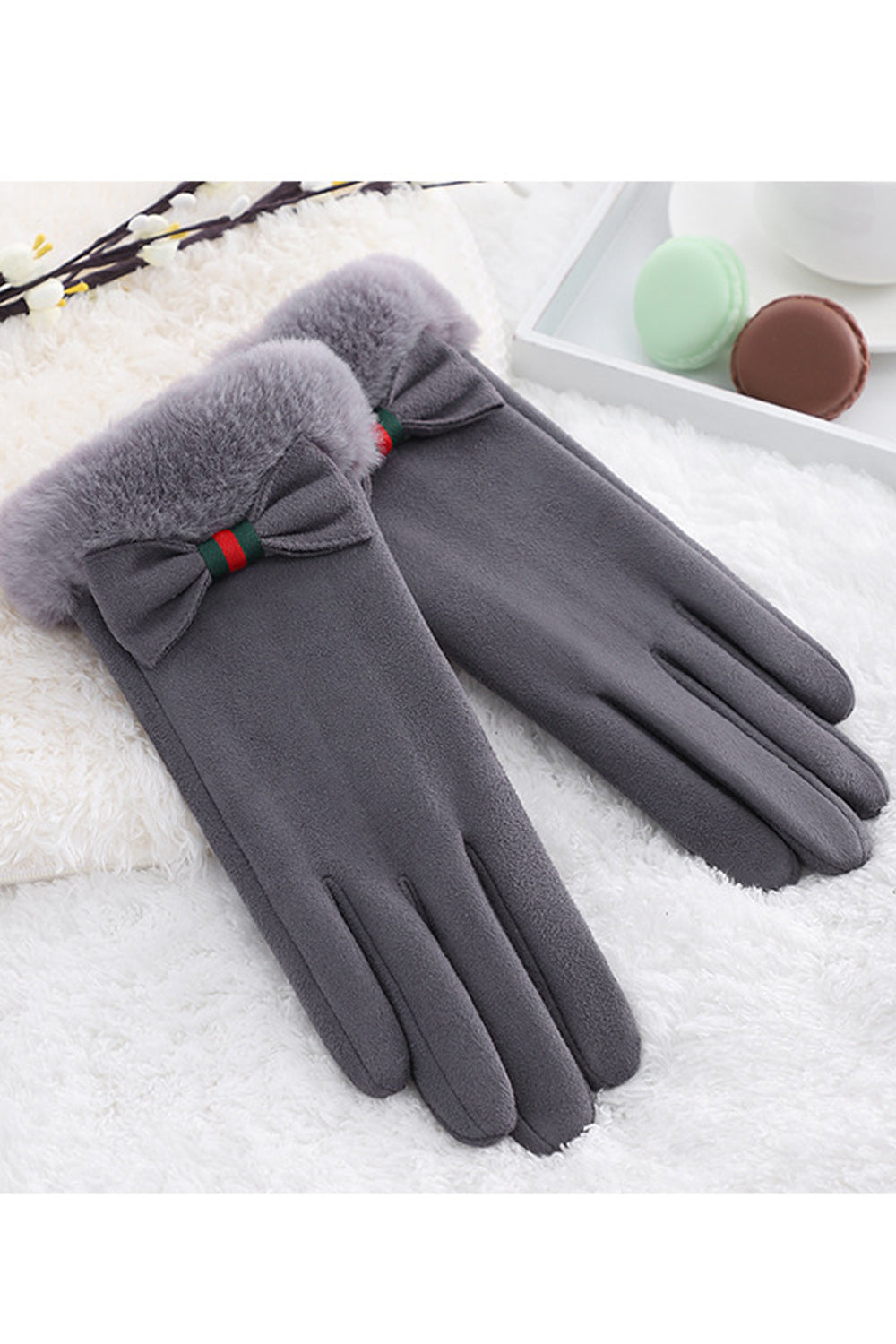 Women Lovely Bow Attached Solid Colored Cozy Winter Suede Gloves