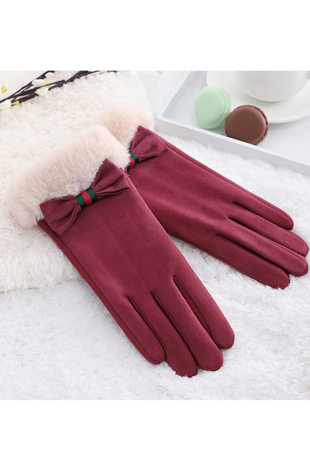 Women Lovely Bow Attached Solid Colored Cozy Winter Suede Gloves
