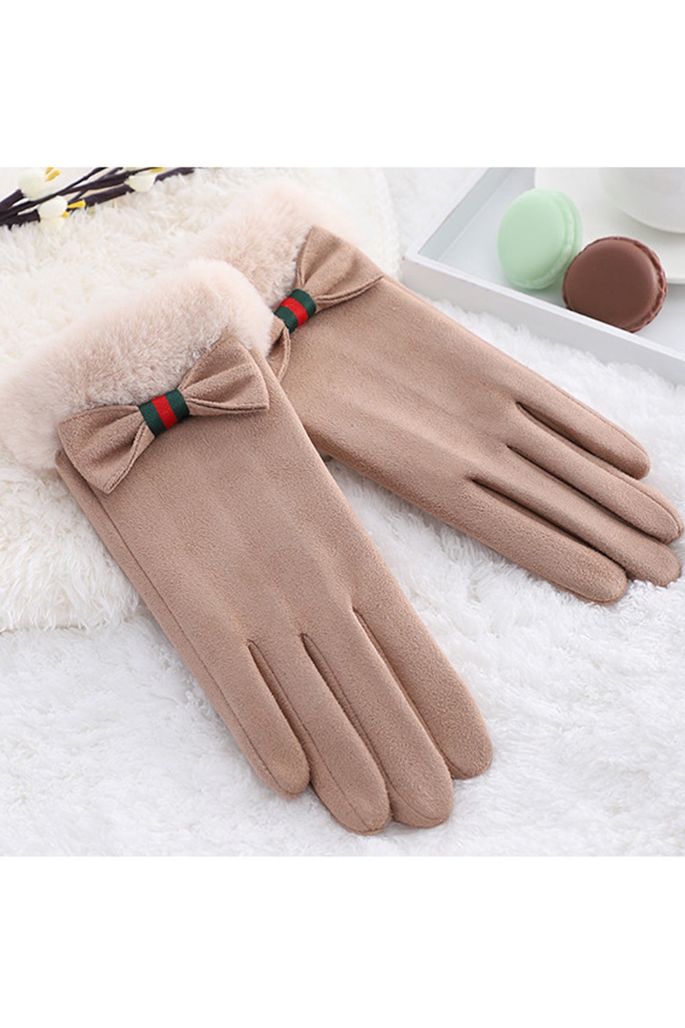 Women Lovely Bow Attached Solid Colored Cozy Winter Suede Gloves