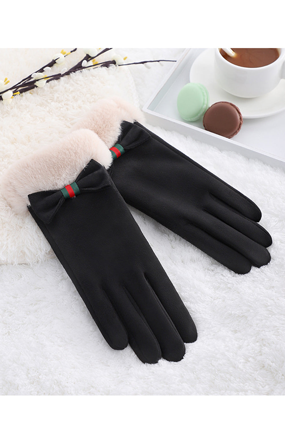 Women Lovely Bow Attached Solid Colored Cozy Winter Suede Gloves
