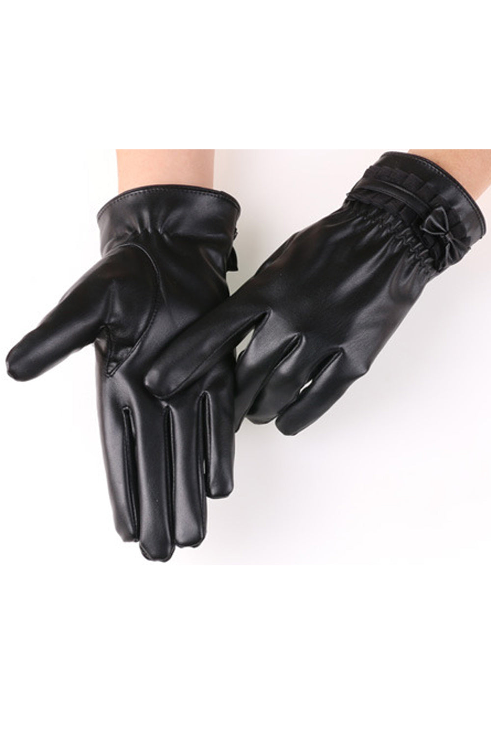 Women Small Bow Attached Lovely Simple Styled PU Leather Gloves