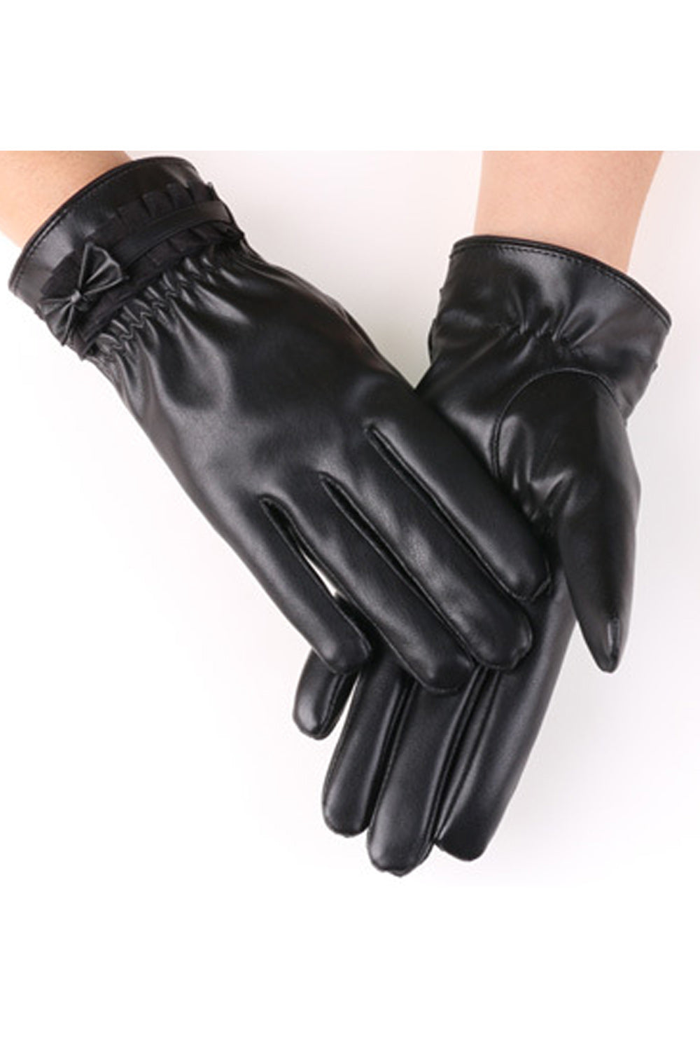 Women Small Bow Attached Lovely Simple Styled PU Leather Gloves
