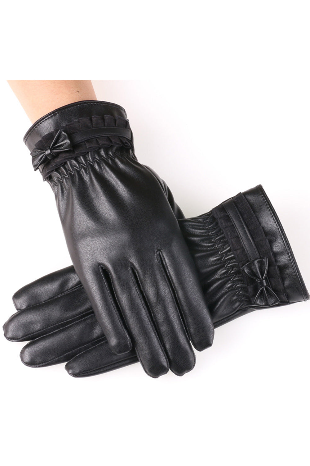 Women Small Bow Attached Lovely Simple Styled PU Leather Gloves