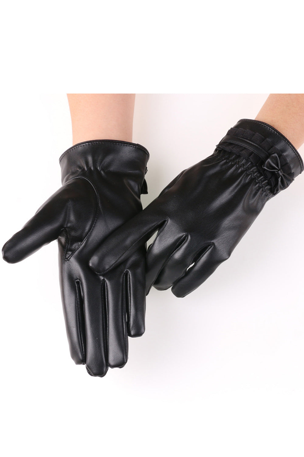 Women Small Bow Attached Lovely Simple Styled PU Leather Gloves