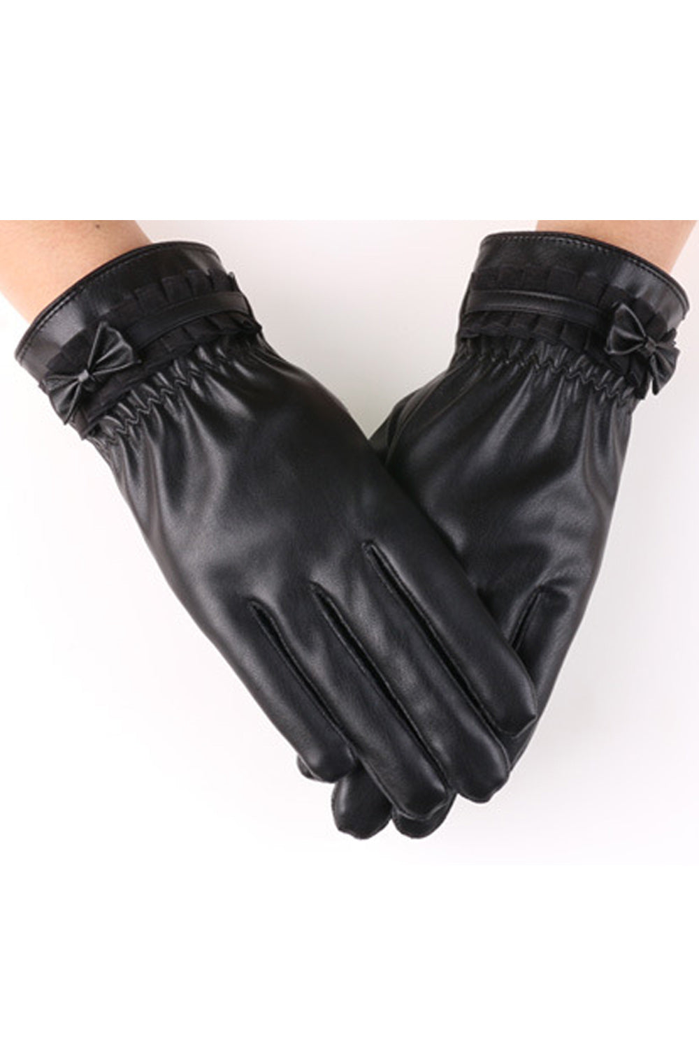 Women Small Bow Attached Lovely Simple Styled PU Leather Gloves