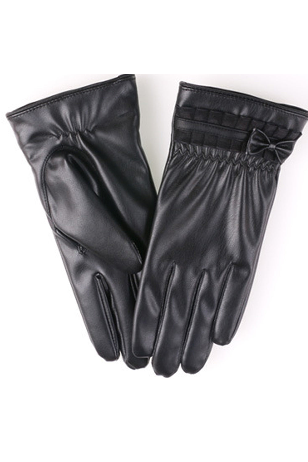 Women Small Bow Attached Lovely Simple Styled PU Leather Gloves