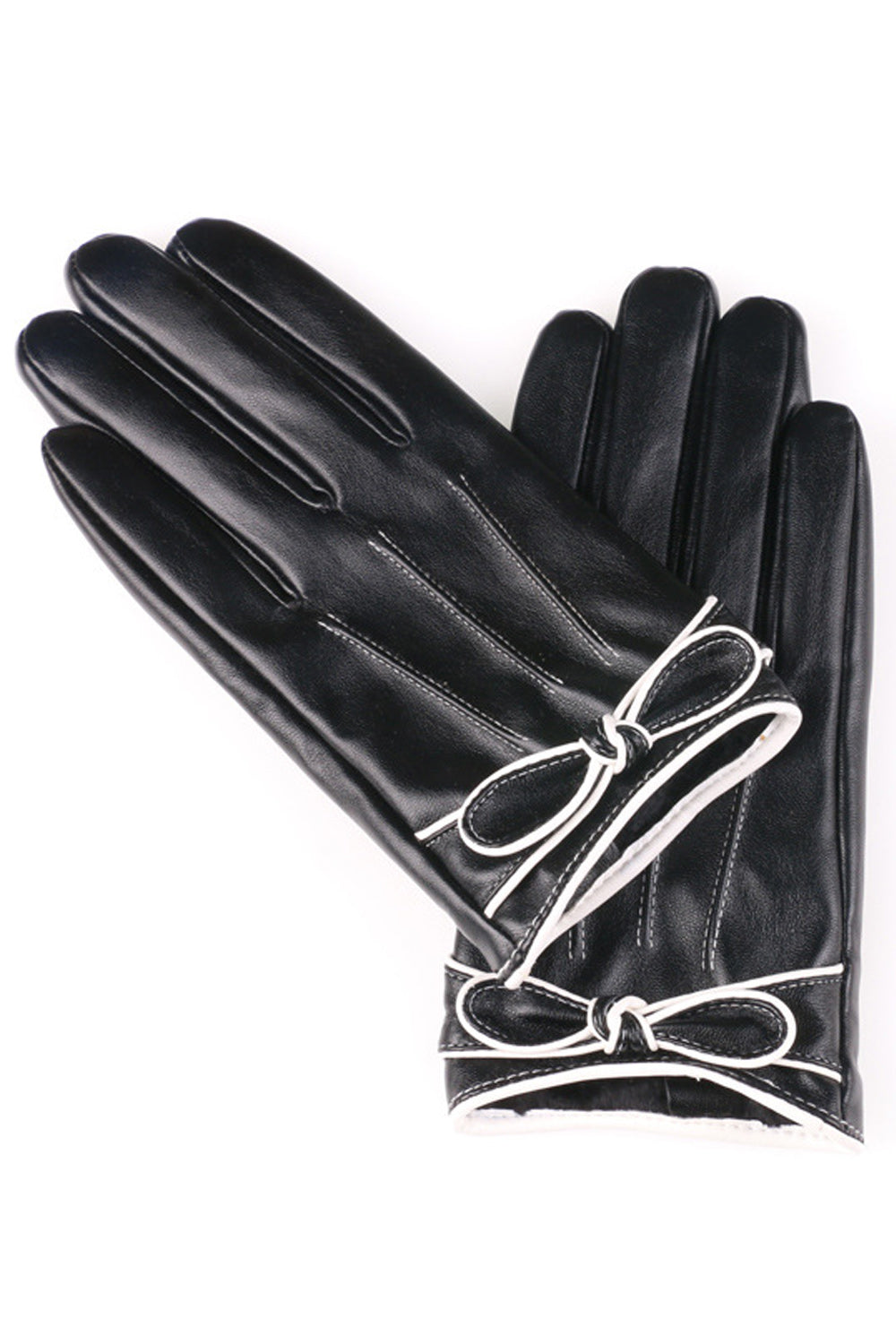 Women Easy Windproof Outdoor Warm Bow Knotted PU Leather Gloves