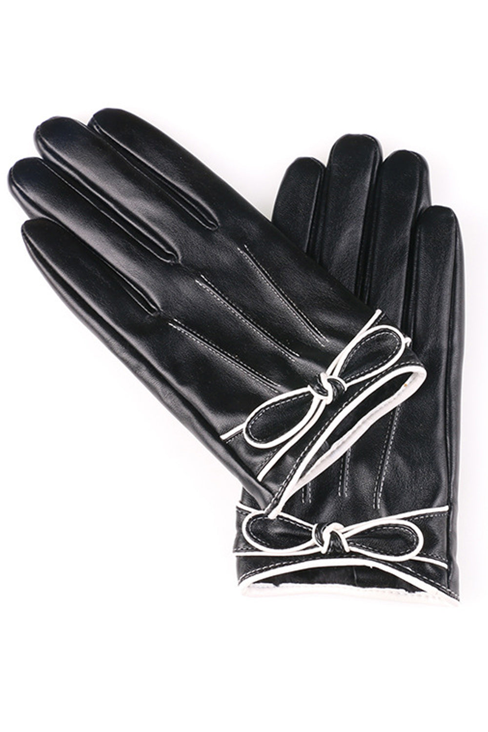 Women Easy Windproof Outdoor Warm Bow Knotted PU Leather Gloves