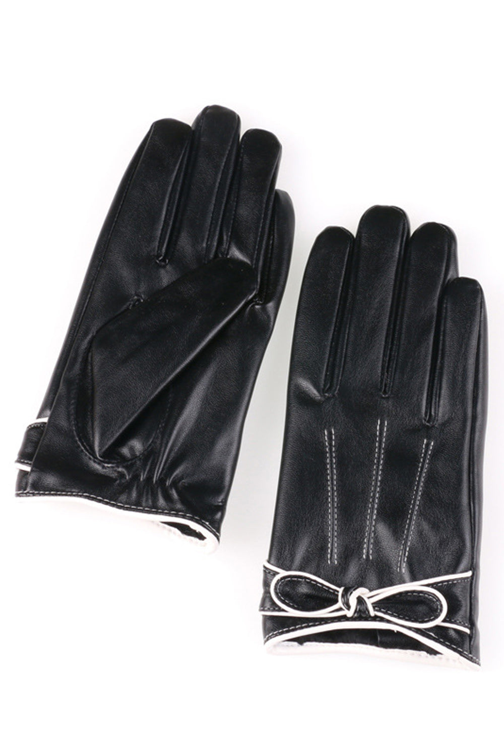 Women Easy Windproof Outdoor Warm Bow Knotted PU Leather Gloves