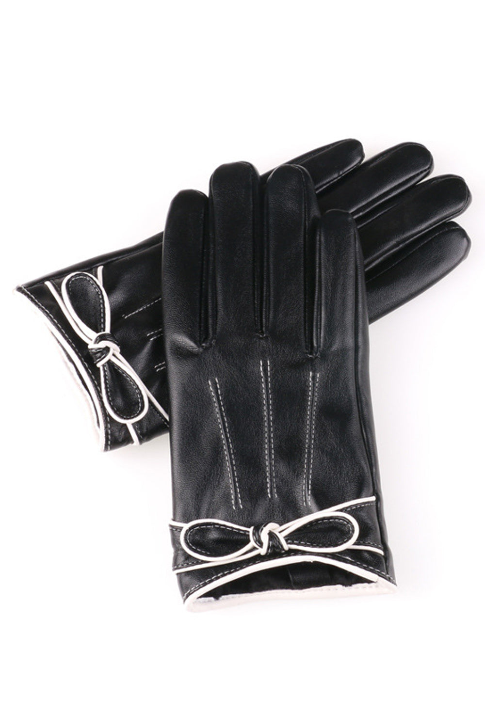 Women Easy Windproof Outdoor Warm Bow Knotted PU Leather Gloves