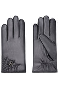 Women Stylish Spider Embroidery Warm Thick PU Leather Gloves