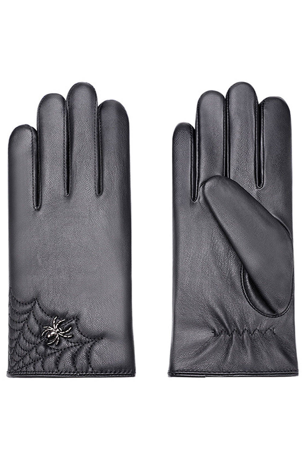 Women Stylish Spider Embroidery Warm Thick PU Leather Gloves