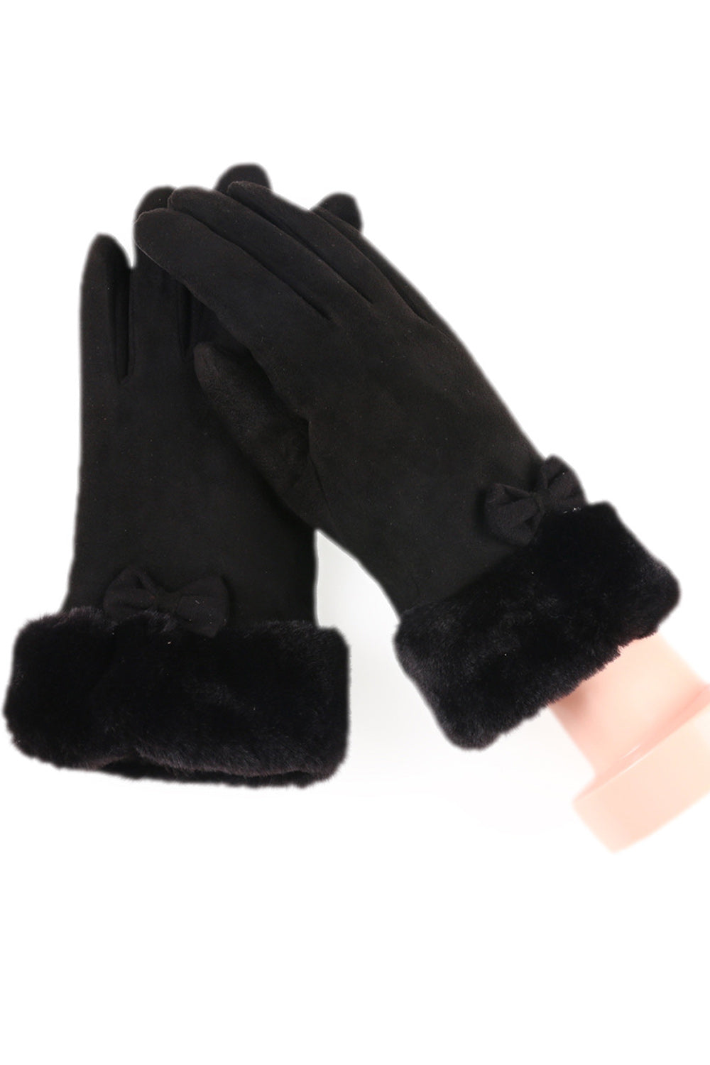 Women Convenient Solid Colored Ribbon Attached Thick Suede Gloves