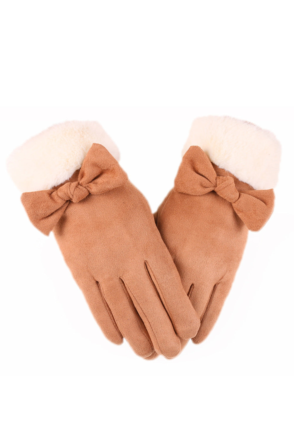 Women Convenient Solid Colored Ribbon Attached Thick Suede Gloves