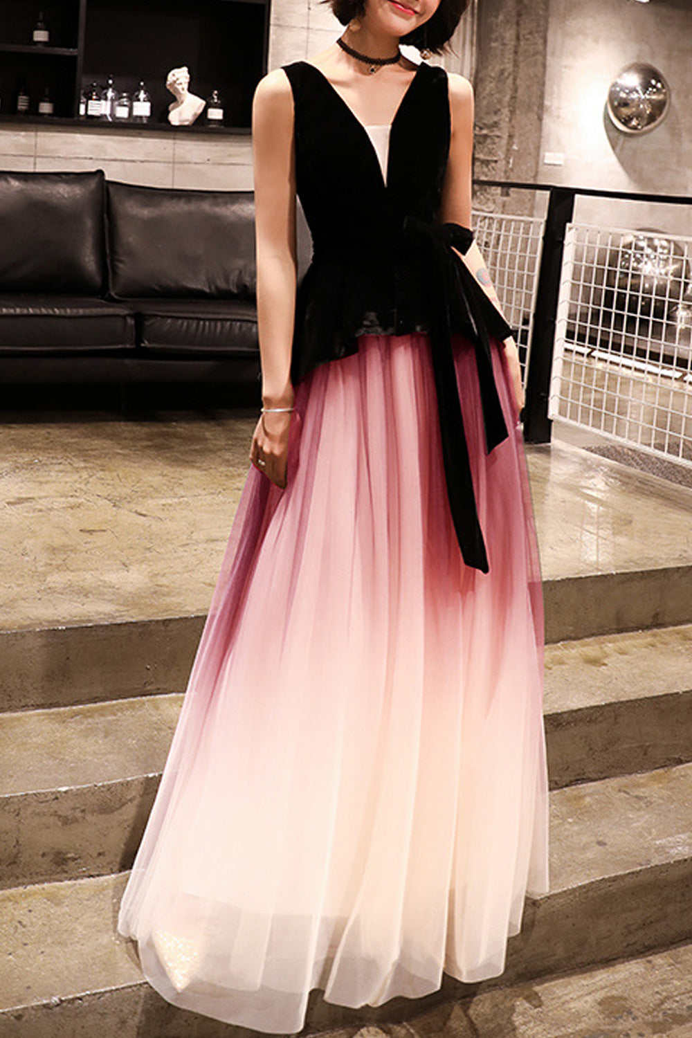 Women Deep V-Neck Sleeveless Style Bow Knotted Thin Soft Evening Dress