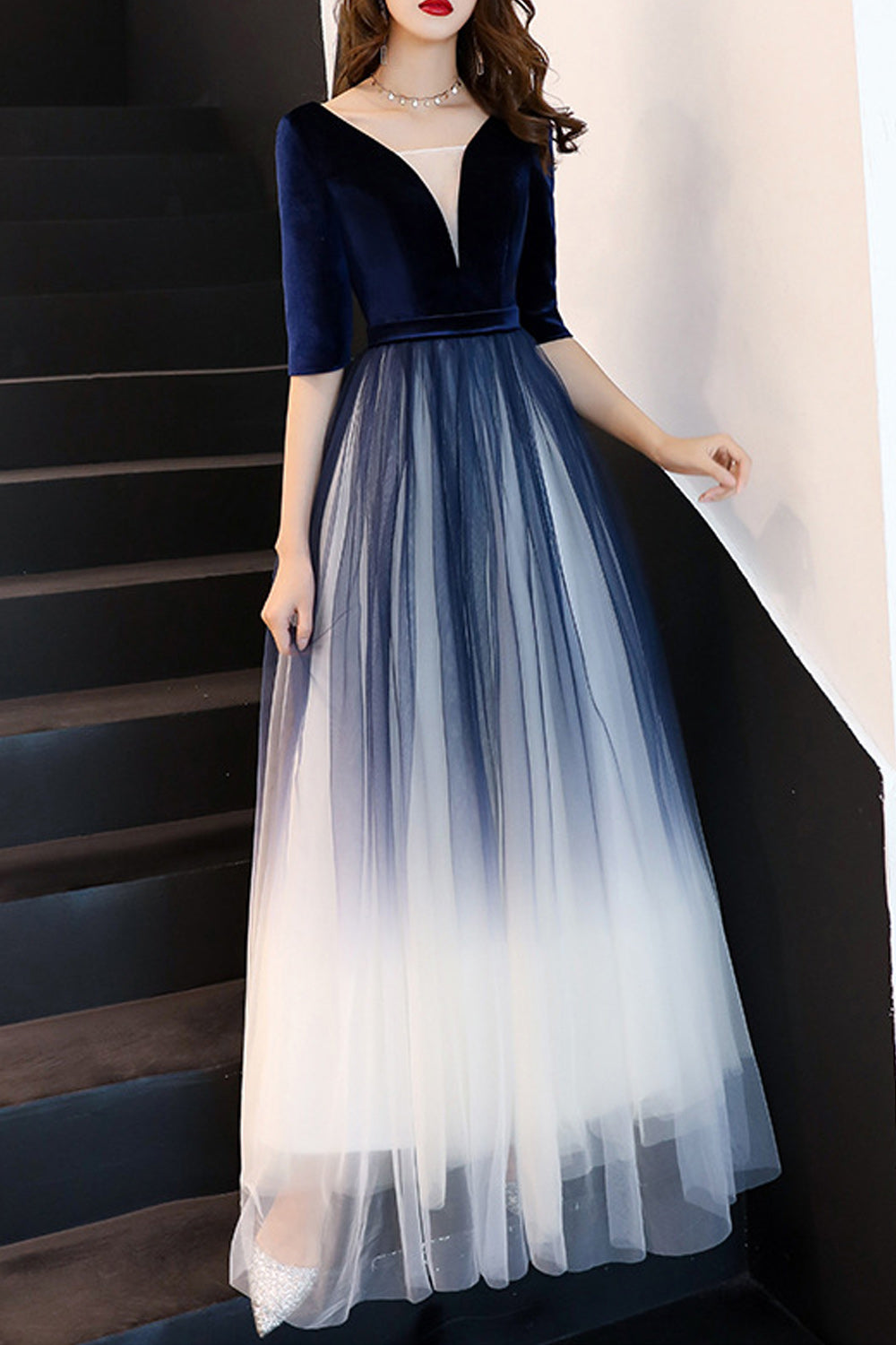 Women Deep V-Neck Fashionable Half Sleeve Shaded Color Evening Dress