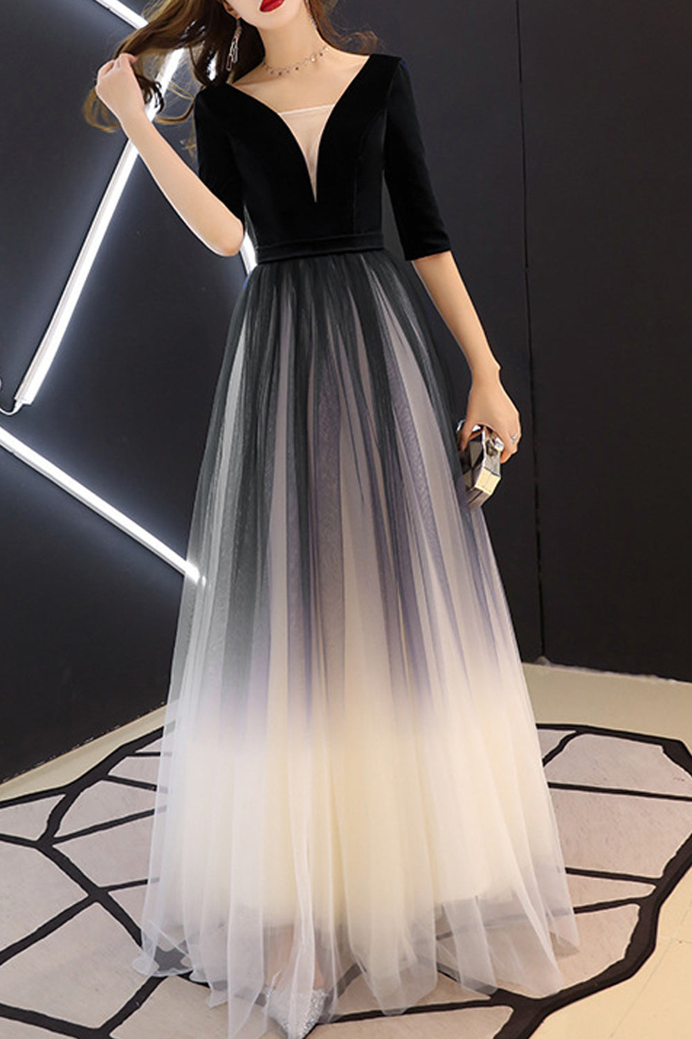Women Deep V-Neck Fashionable Half Sleeve Shaded Color Evening Dress
