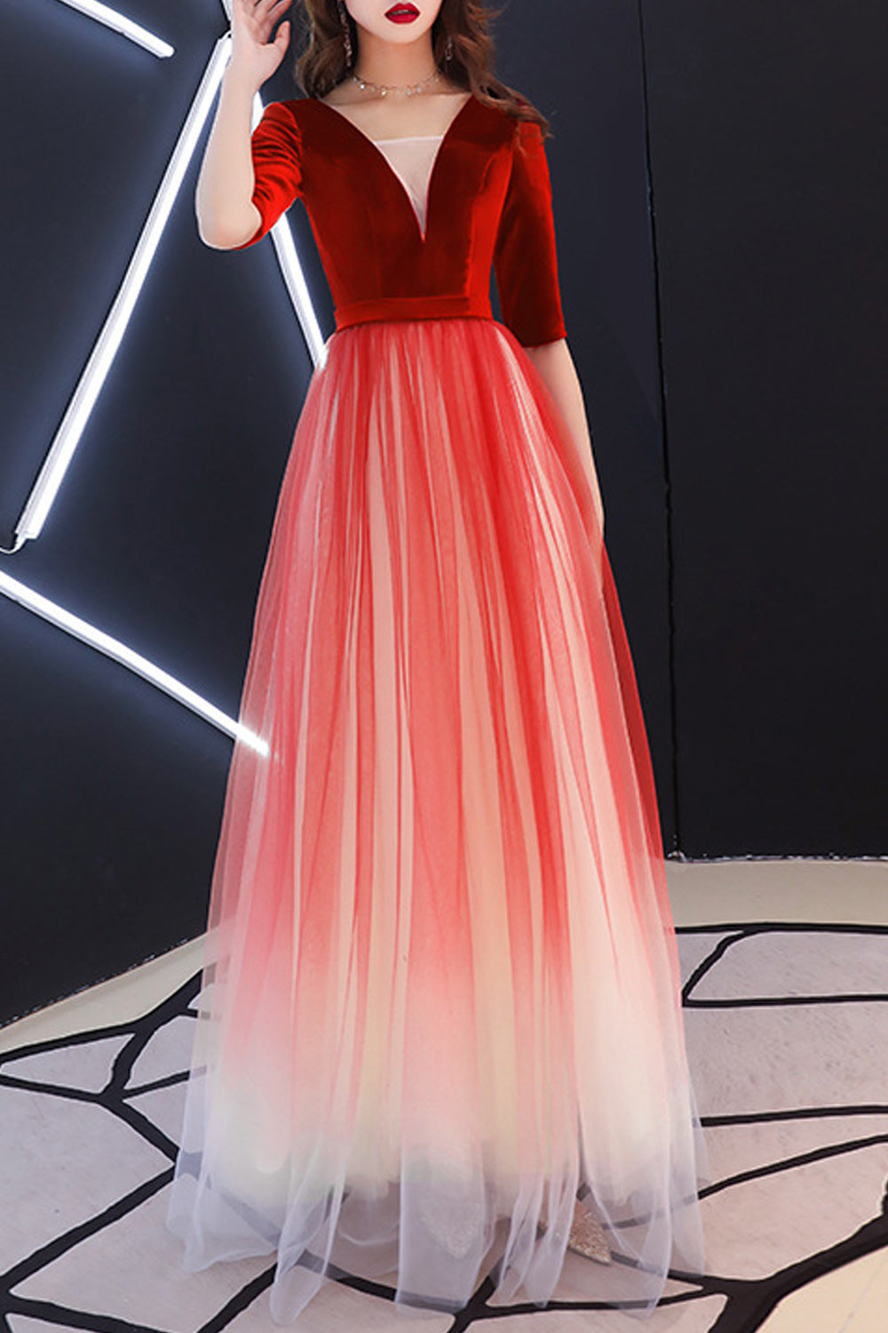 Women Deep V-Neck Fashionable Half Sleeve Shaded Color Evening Dress