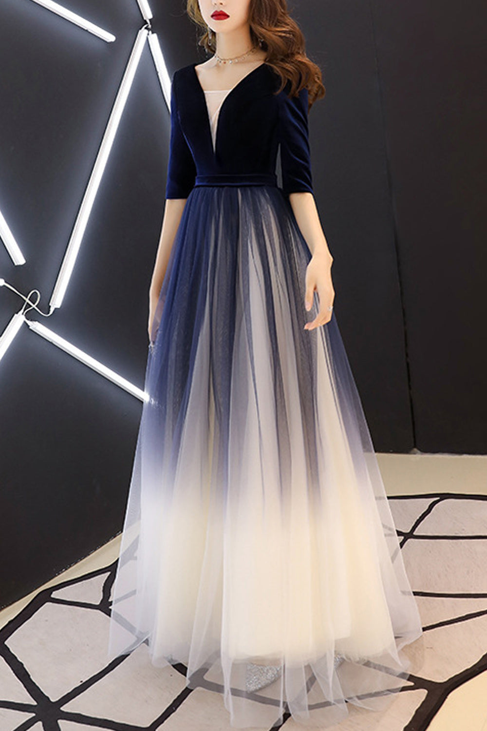 Women Deep V-Neck Fashionable Half Sleeve Shaded Color Evening Dress