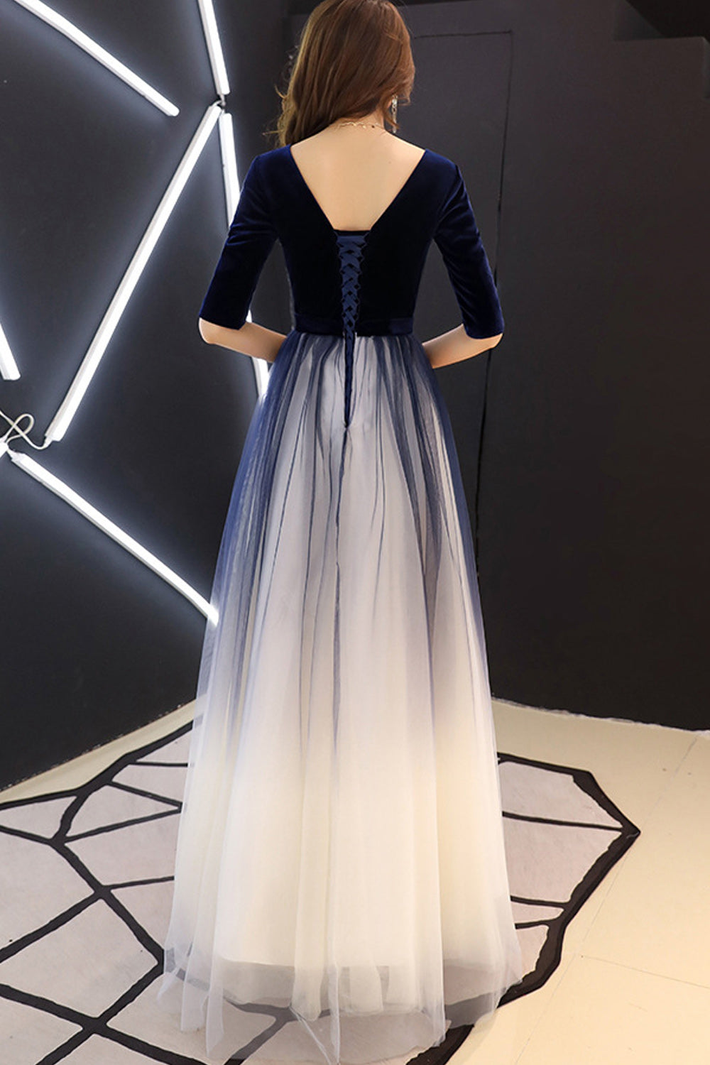 Women Deep V-Neck Fashionable Half Sleeve Shaded Color Evening Dress