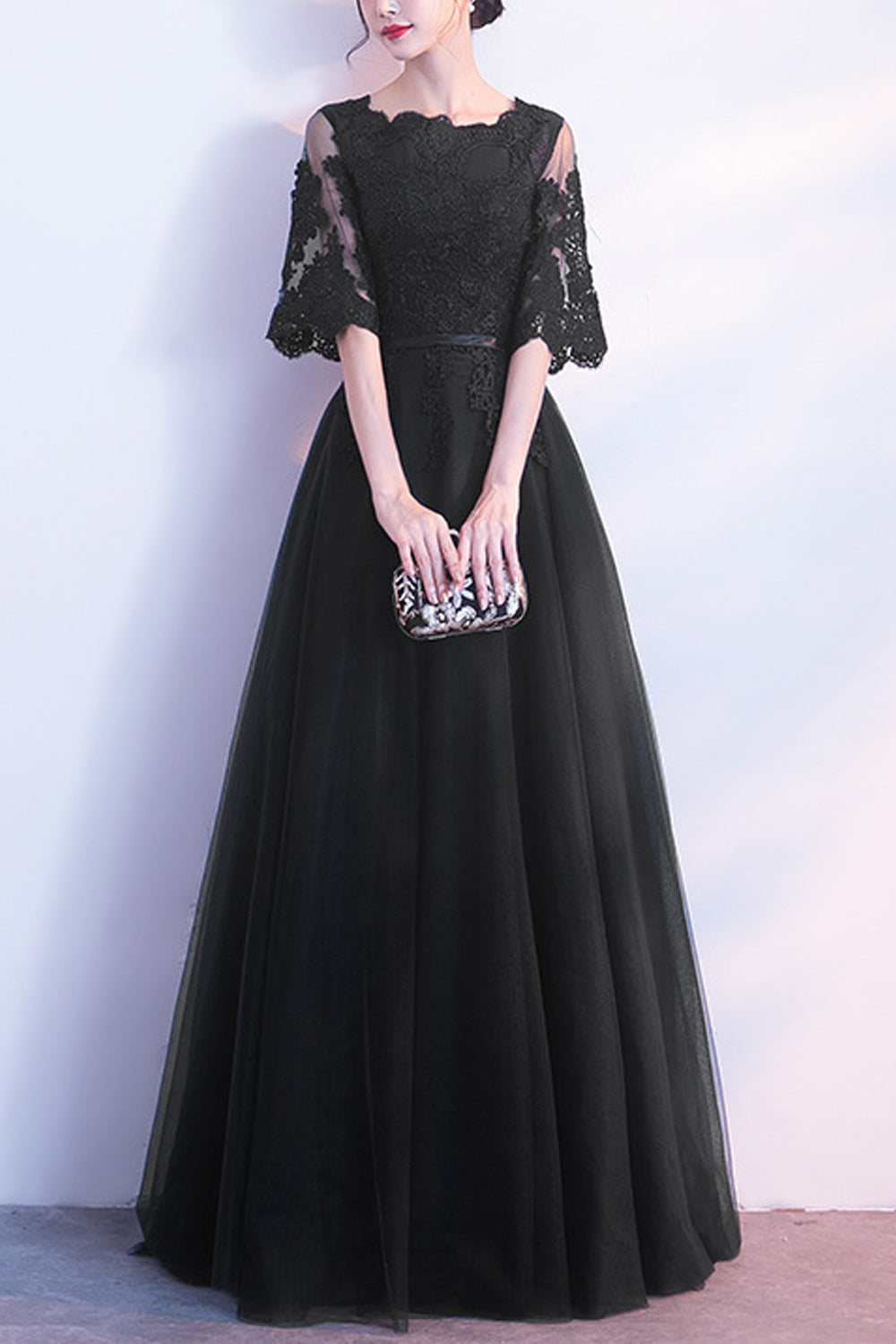 Women Lace Round Neck Elegant Solid Colored Breathable Loose Evening Dress