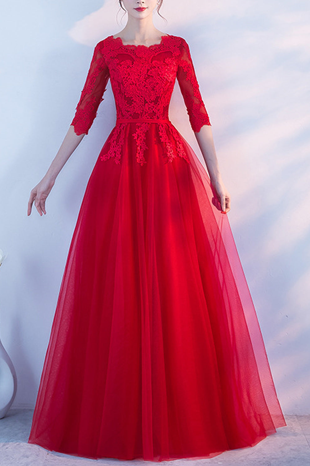 Women Lace Round Neck Elegant Solid Colored Breathable Loose Evening Dress