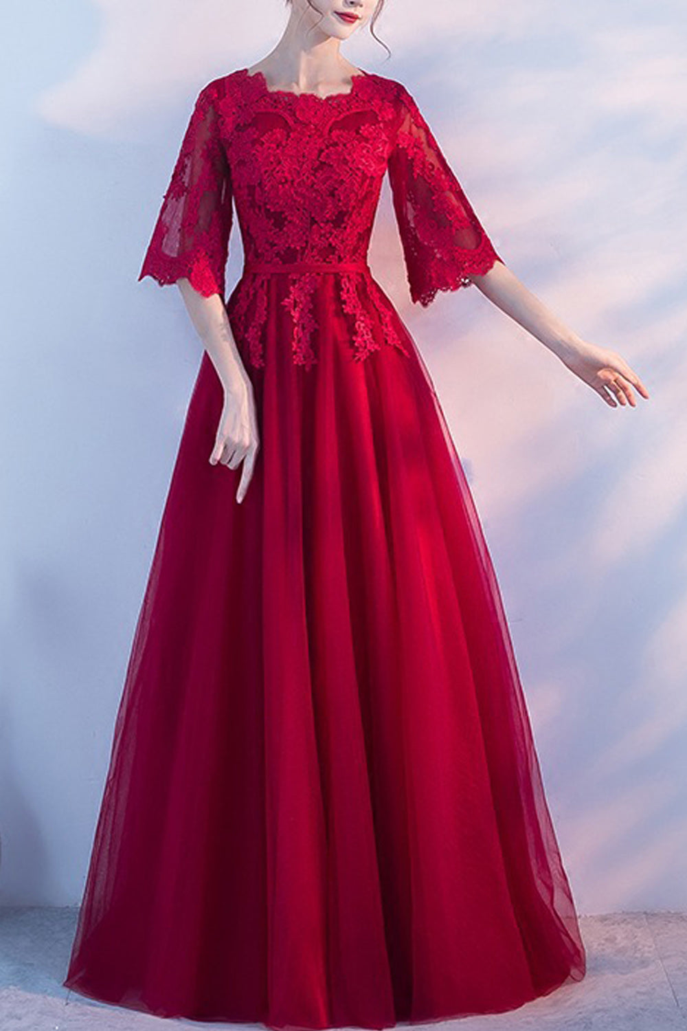 Women Lace Round Neck Elegant Solid Colored Breathable Loose Evening Dress
