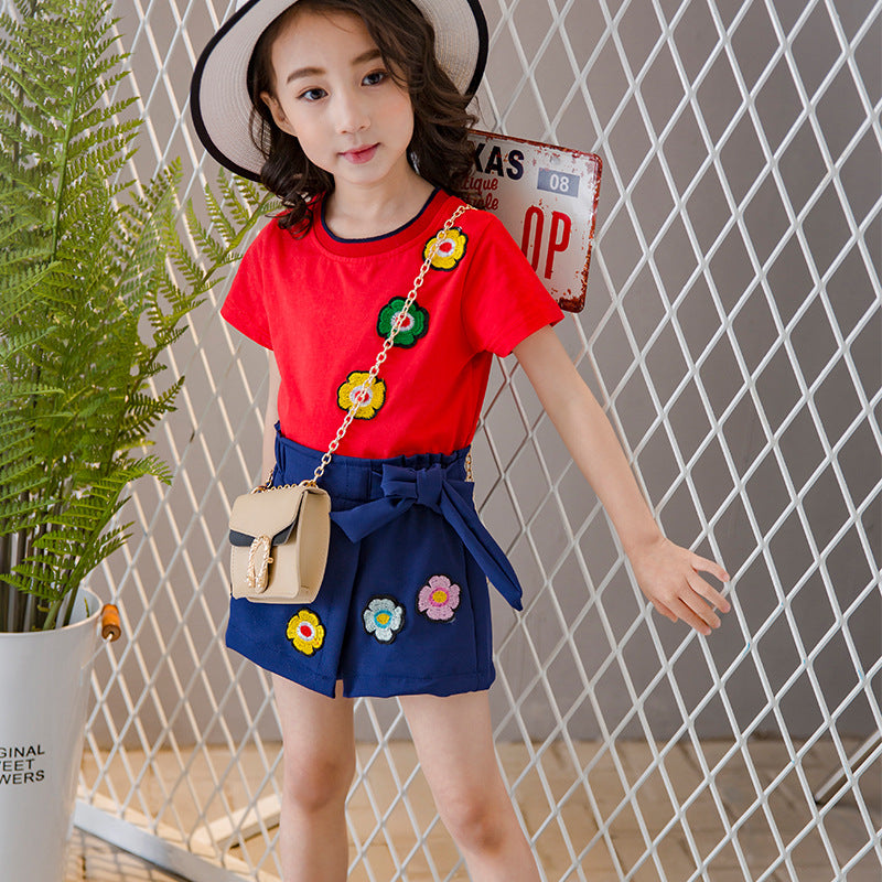 Kids Girls Lovely Floral Pattern Round Neck Thin Short Sleeve Restful Two-Piece Skirt Suit