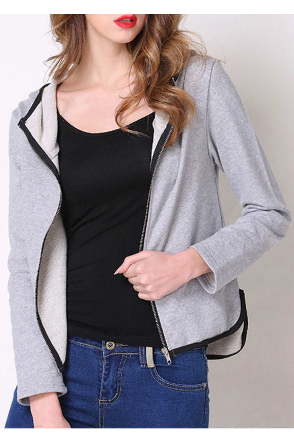 Women Zipper Style Long Sleeve Cozy Solid Colored Hoodie