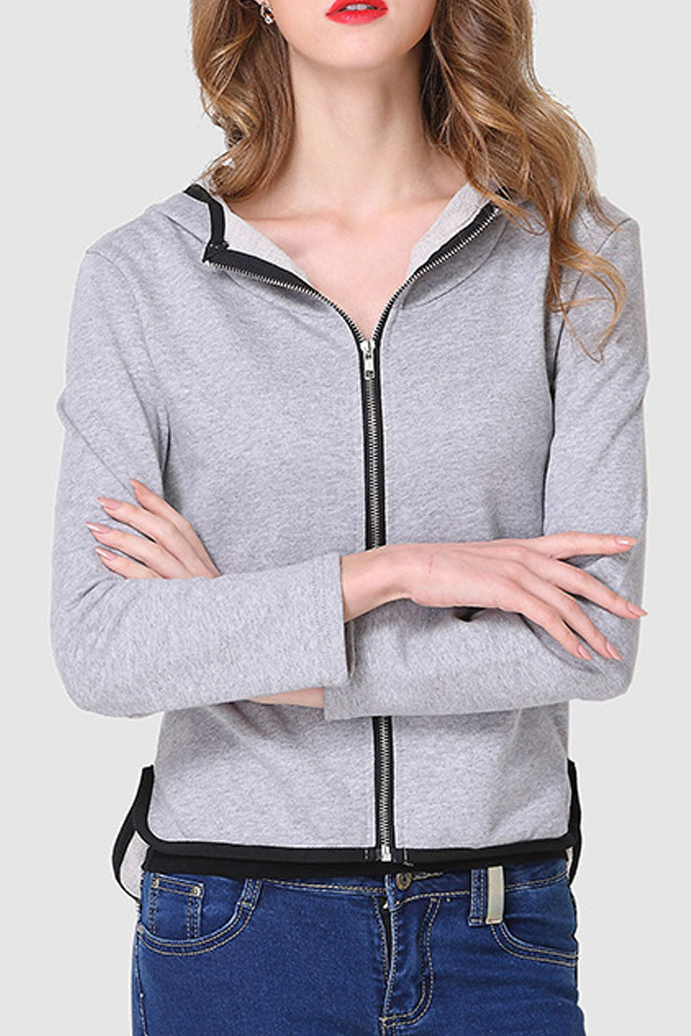 Women Zipper Style Long Sleeve Cozy Solid Colored Hoodie