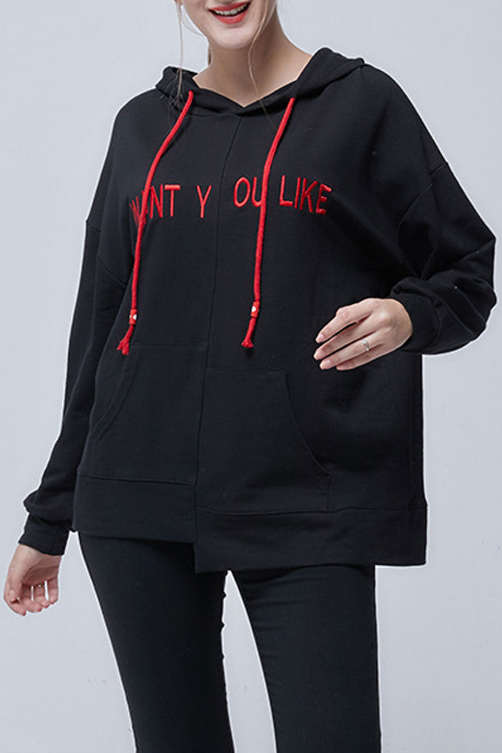 Women Irregular Hem Letter Pattern Long Sleeve Drawstring Hoodie