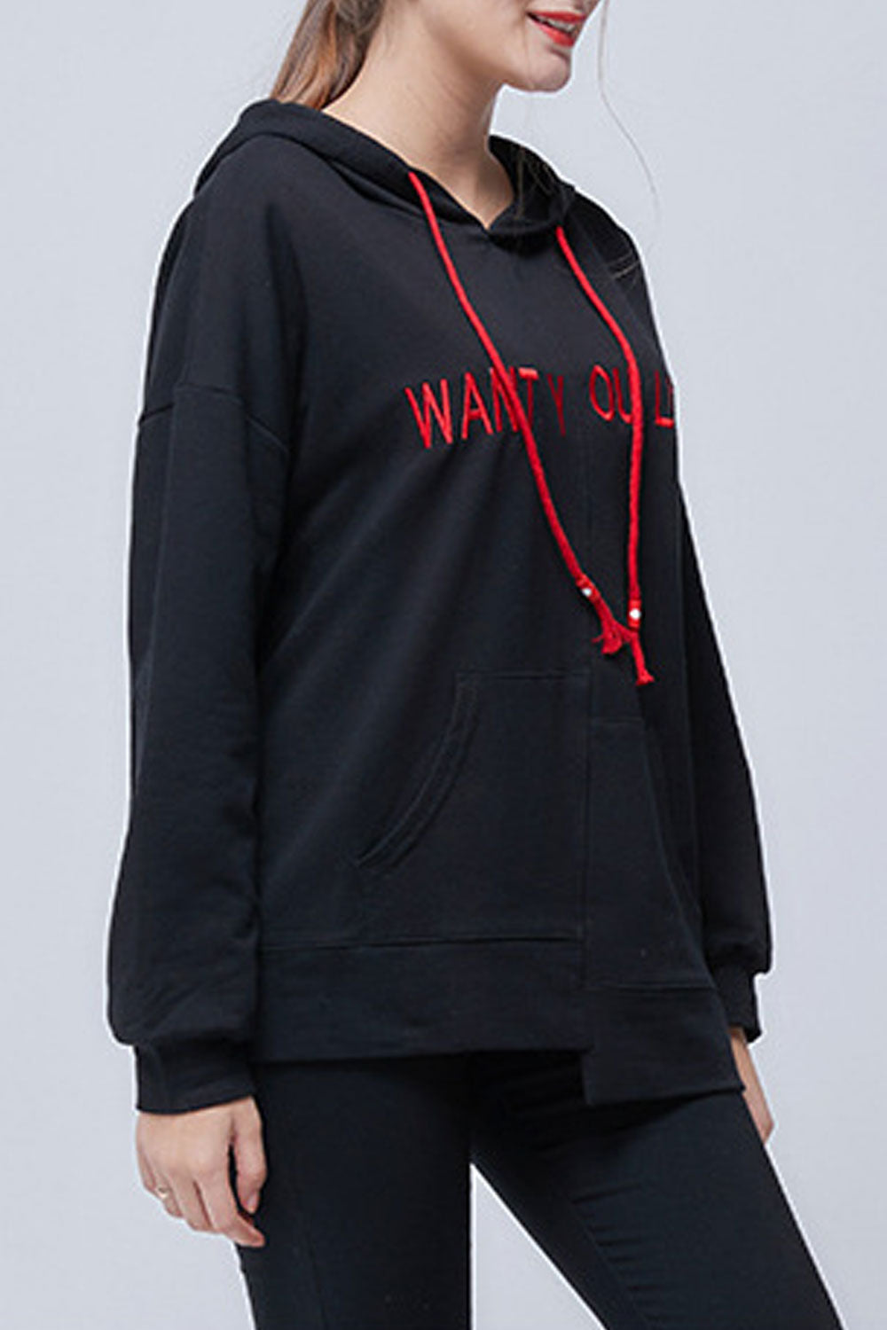 Women Irregular Hem Letter Pattern Long Sleeve Drawstring Hoodie
