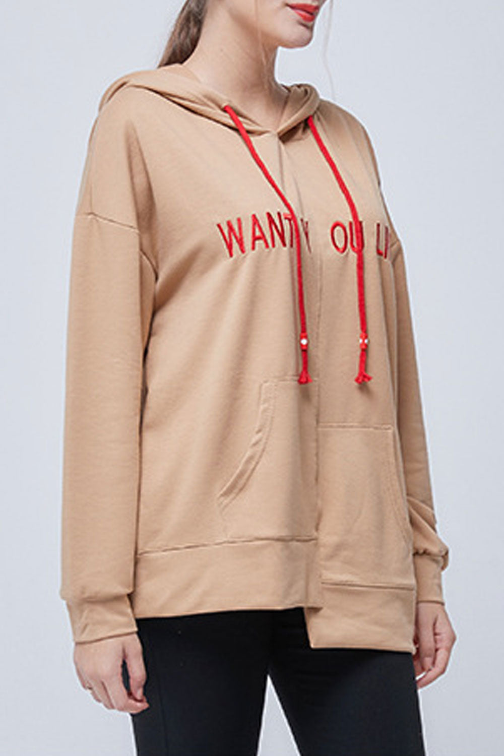 Women Irregular Hem Letter Pattern Long Sleeve Drawstring Hoodie
