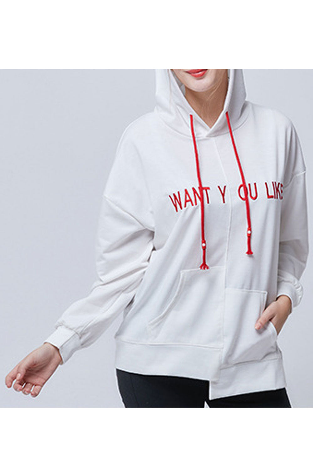 Women Irregular Hem Letter Pattern Long Sleeve Drawstring Hoodie