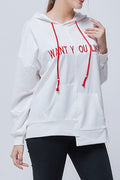 Women Irregular Hem Letter Pattern Long Sleeve Drawstring Hoodie