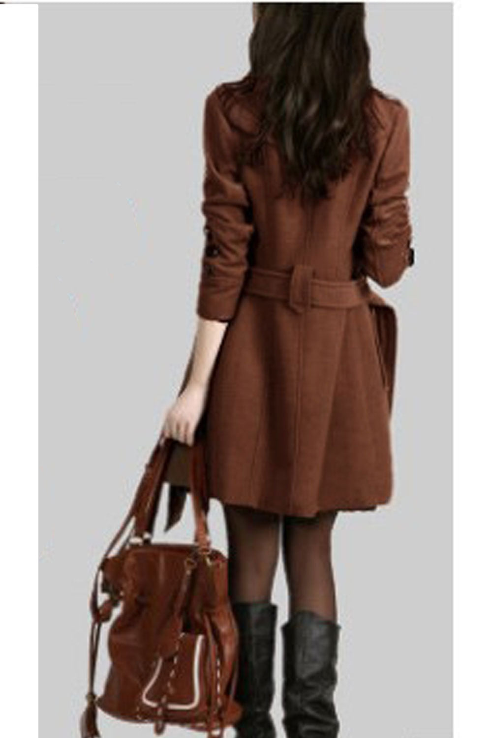 Women Collar Neck Long Sleeve Warm Winter Mid Length Solid Colored Coat