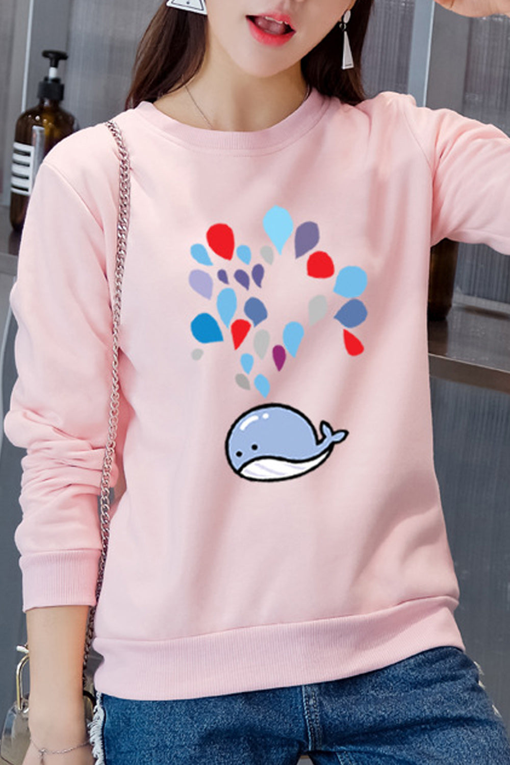 Women Easy Round Neck Long Sleeve Printed Pattern Sweatshirt
