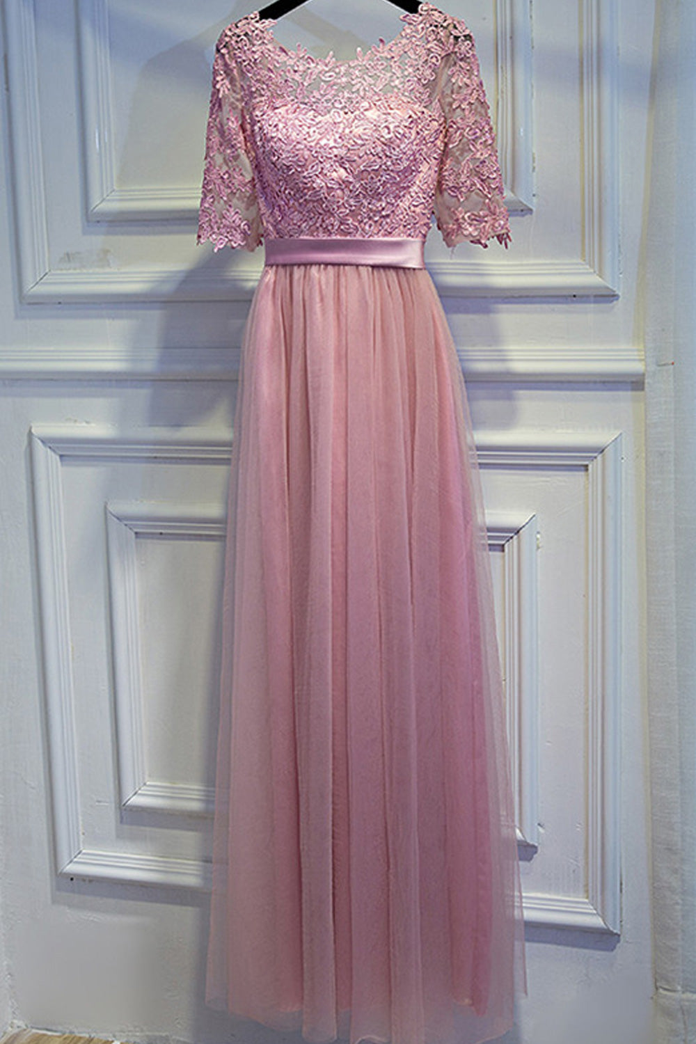 Women Half Sleeve Thin Solid Colored Embroidered Style Evening Dress