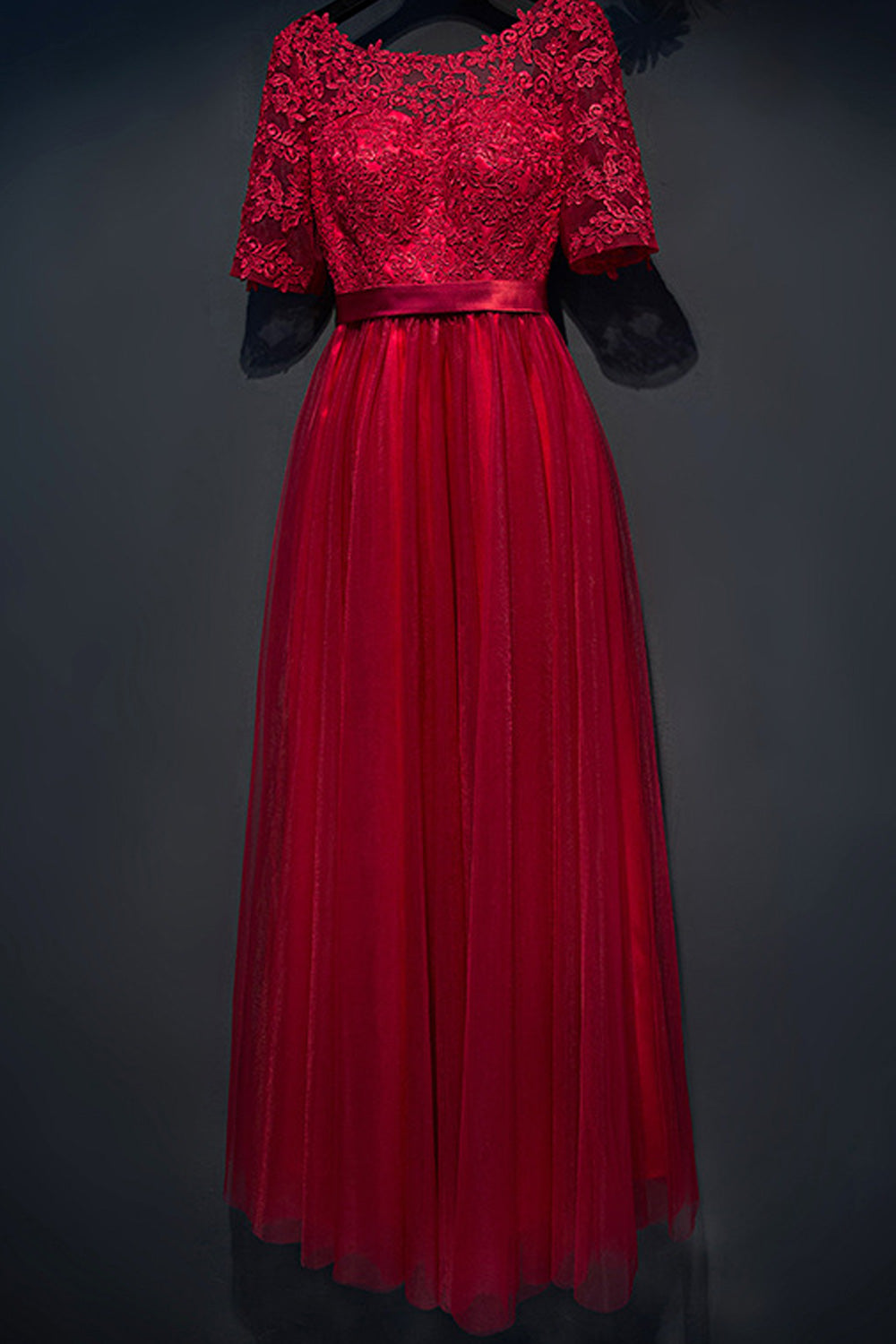 Women Half Sleeve Thin Solid Colored Embroidered Style Evening Dress