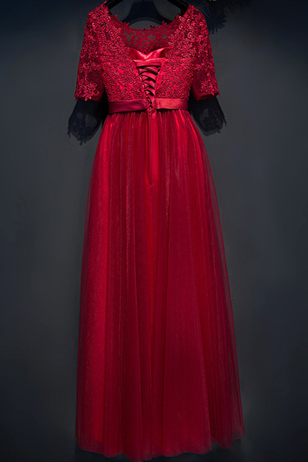 Women Half Sleeve Thin Solid Colored Embroidered Style Evening Dress