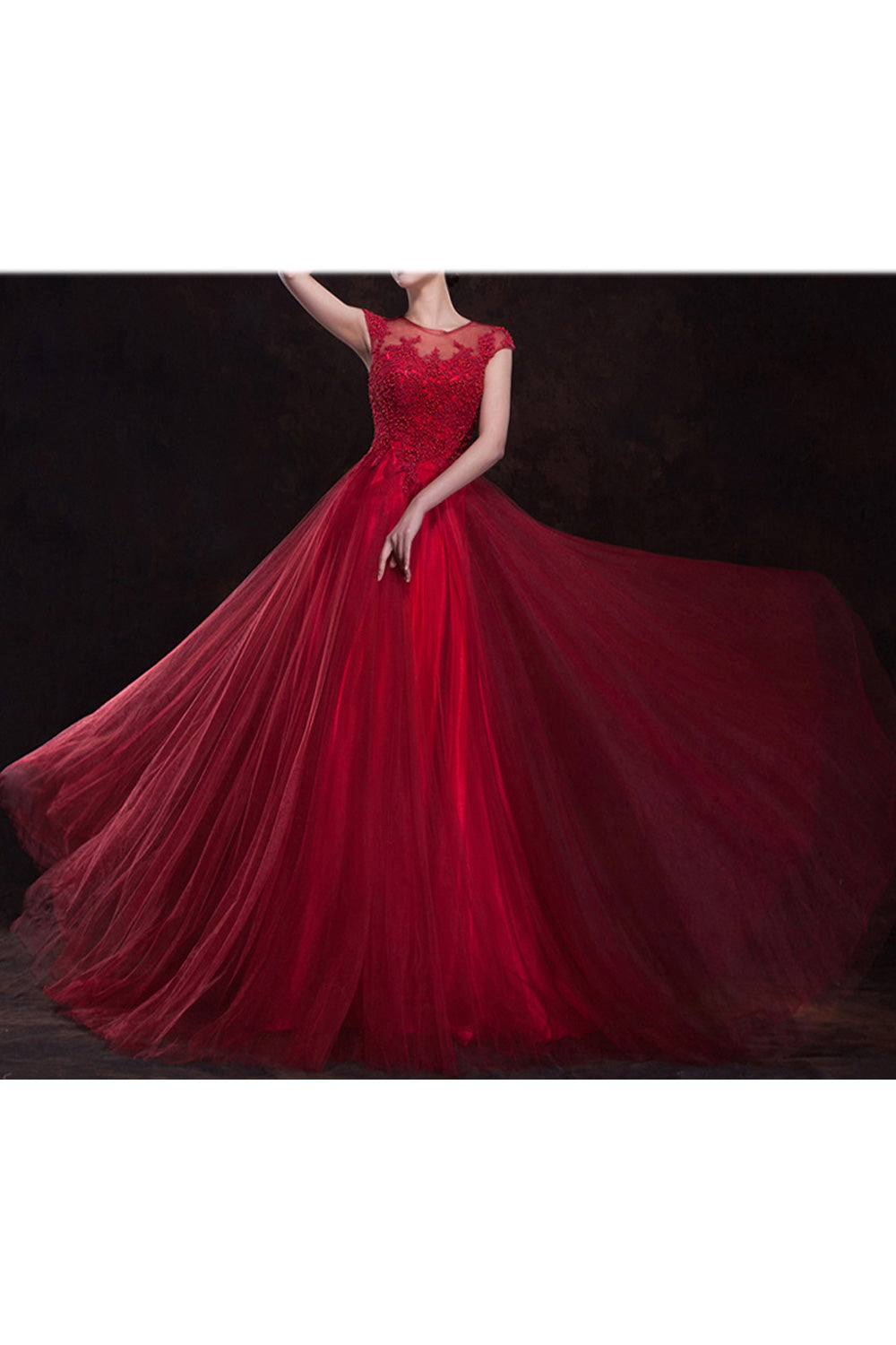Women Thin Round Neck Sleeveless Charming Embroidered Wedding Dress