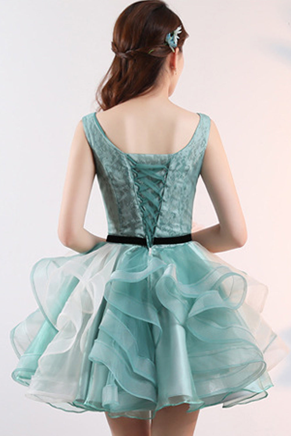 Women Sleeveless Style Ruffled Layer Flower Embroidered Evening Dress