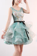 Women Sleeveless Style Ruffled Layer Flower Embroidered Evening Dress