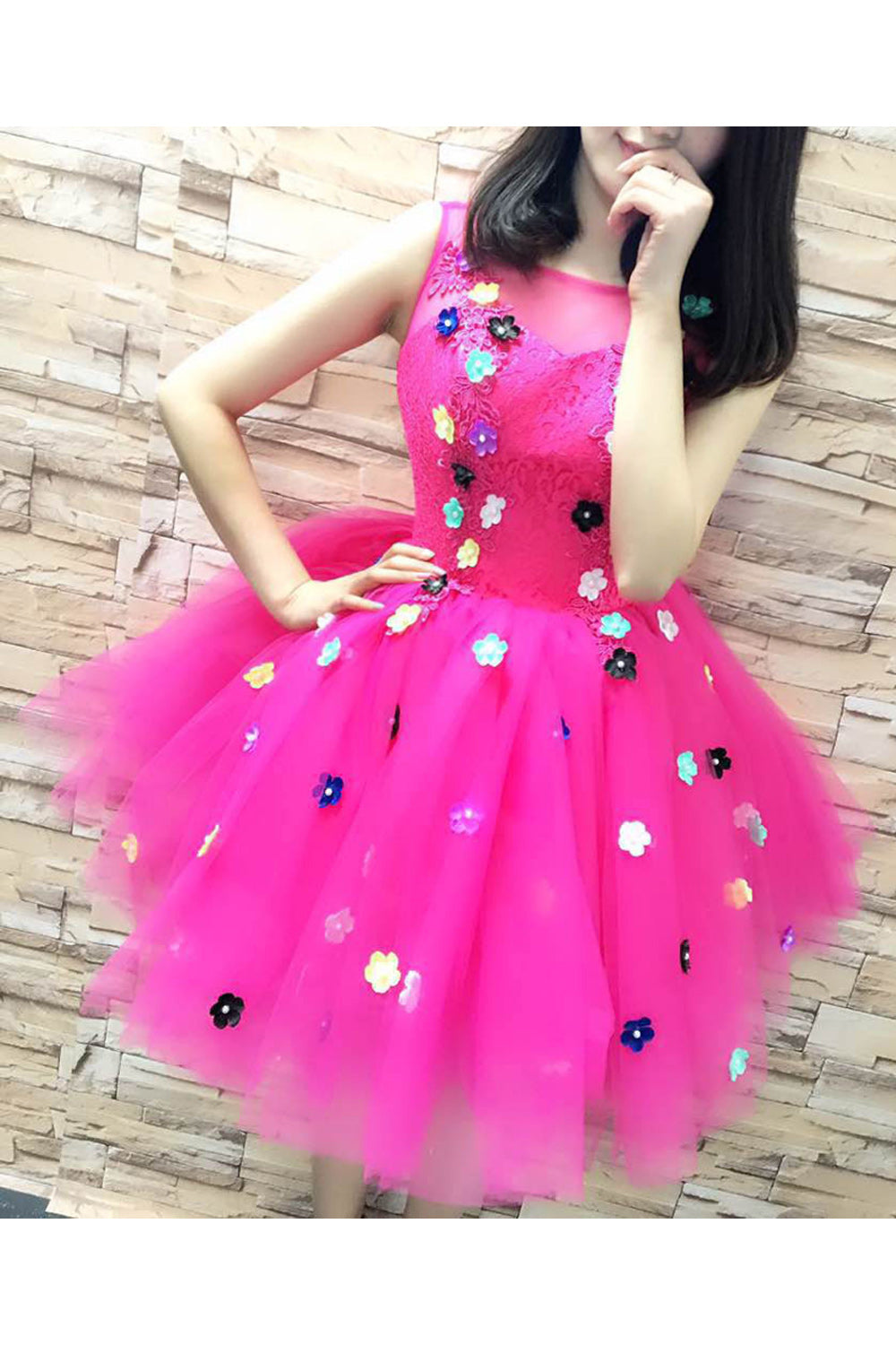 Women Thin Round Neck Flower Attached Sleeveless Cool Evening Dress